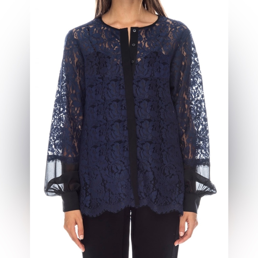 GOLDHAWK Lace Navy Button-Up Top